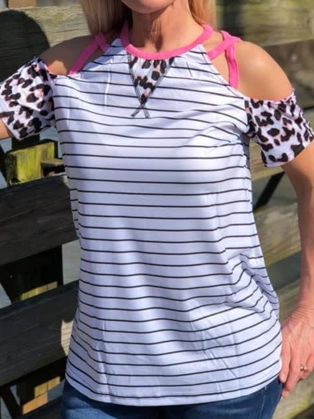 Striped Cold-Shoulder Top with Leopard Trim - Pink/White